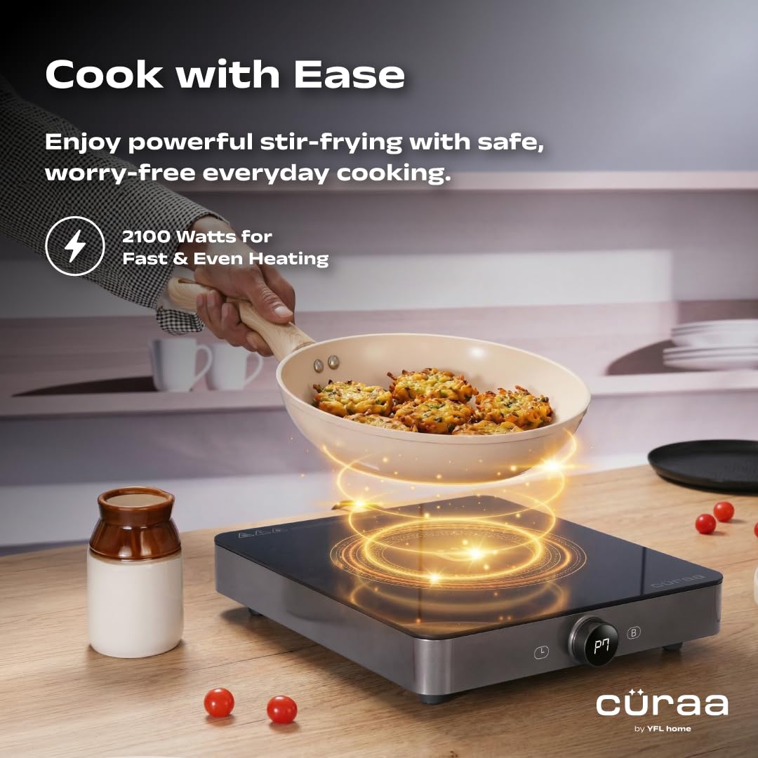 Cüraa IndiePro 2100 Watts Induction Cooktop for Indian Kitchens | 6 kV Surge Protection Design for Safety | Rotary Knob control with Timer | Incremental Heat Adjustment | 2 Year Warranty