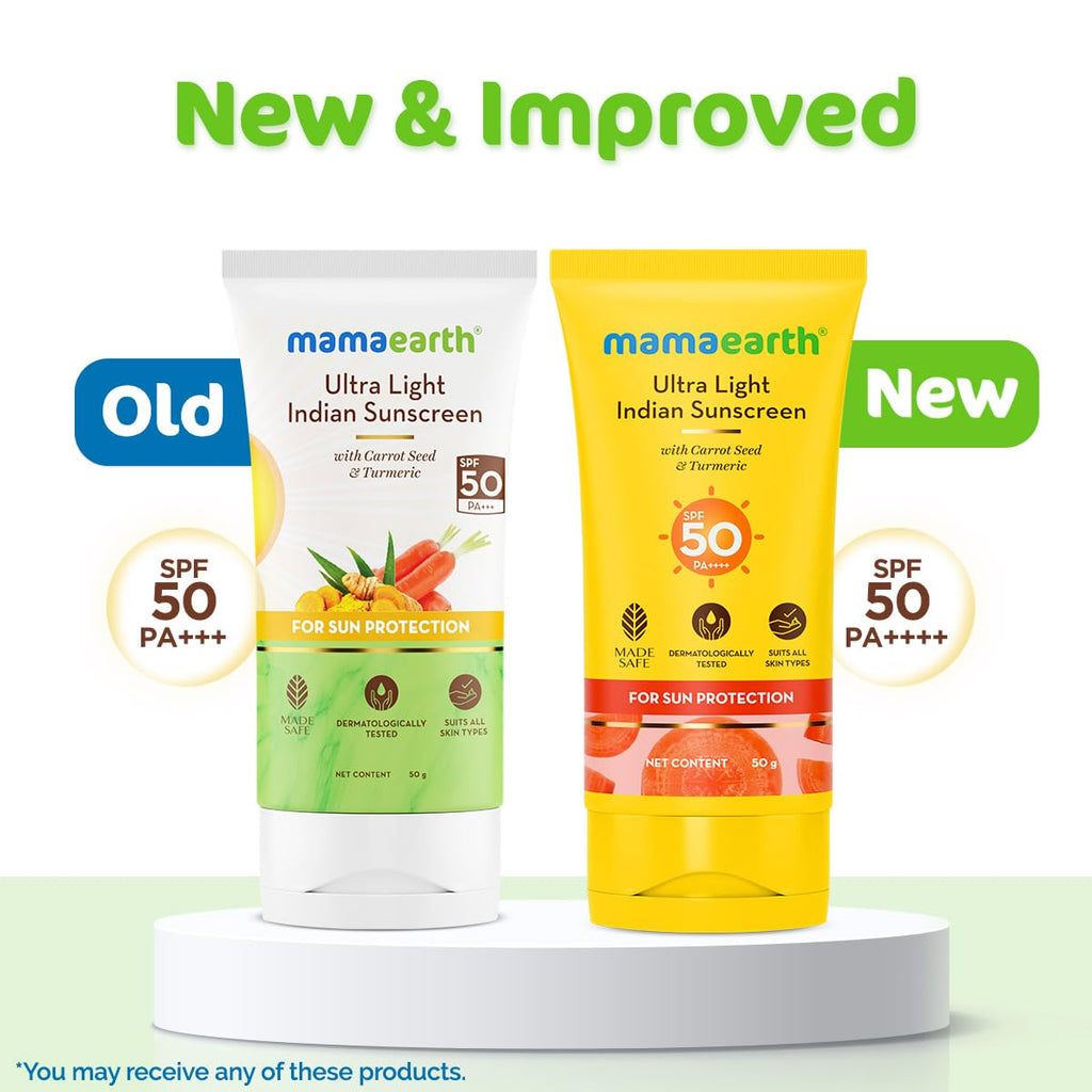 Mamaearth Ultra Light Indian Sunscreen with Carrot Seed & Turmeric | SPF 50 PA ++++ | UVA & UVB Protection | Tan Protection | No White Cast | Non-Greasy & Quick Absorbing | Super Lightweight | Suits All Skin Types | In-Vivo Tested | 50 g