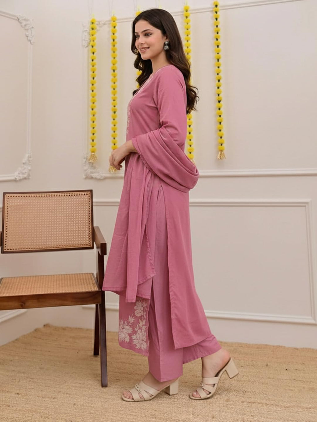 ANNI Designer Women's Rayon Viscose Straight Embroidery Kurta with Pant & Dupatta (FULKUMARI Baby Pink_L_Baby Pink_Large)