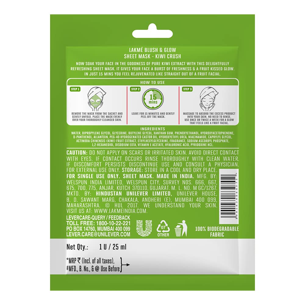 Lakme Blush & Glow Kiwi Sheet Mask, 25 ml
