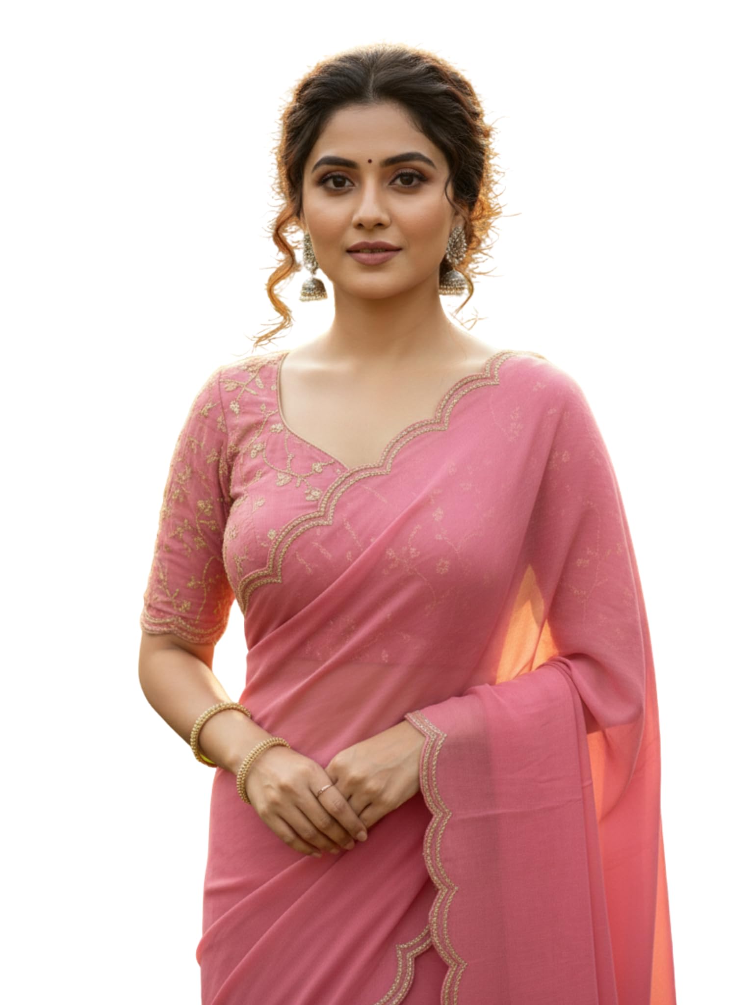 Chinon Silk Saree with Embroidered Blouse, Traditional Georgette Saree, Elephant Embroidery Pattern, V-Neck Design, Free Size, Festival Wear (Pink)