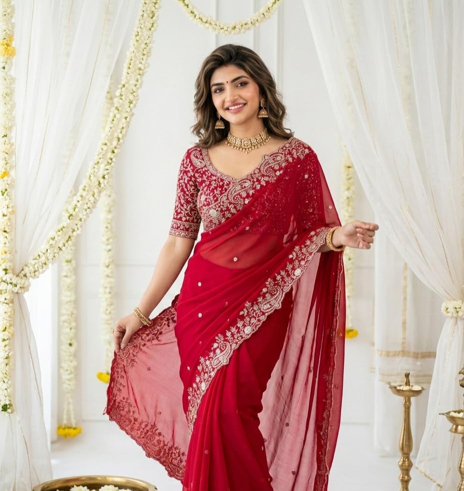 izkio Star Georgette Embroidered Saree, with Contrast Embroidered Blouse Piece, 5.5 m, Wedding Women Wear (Red)