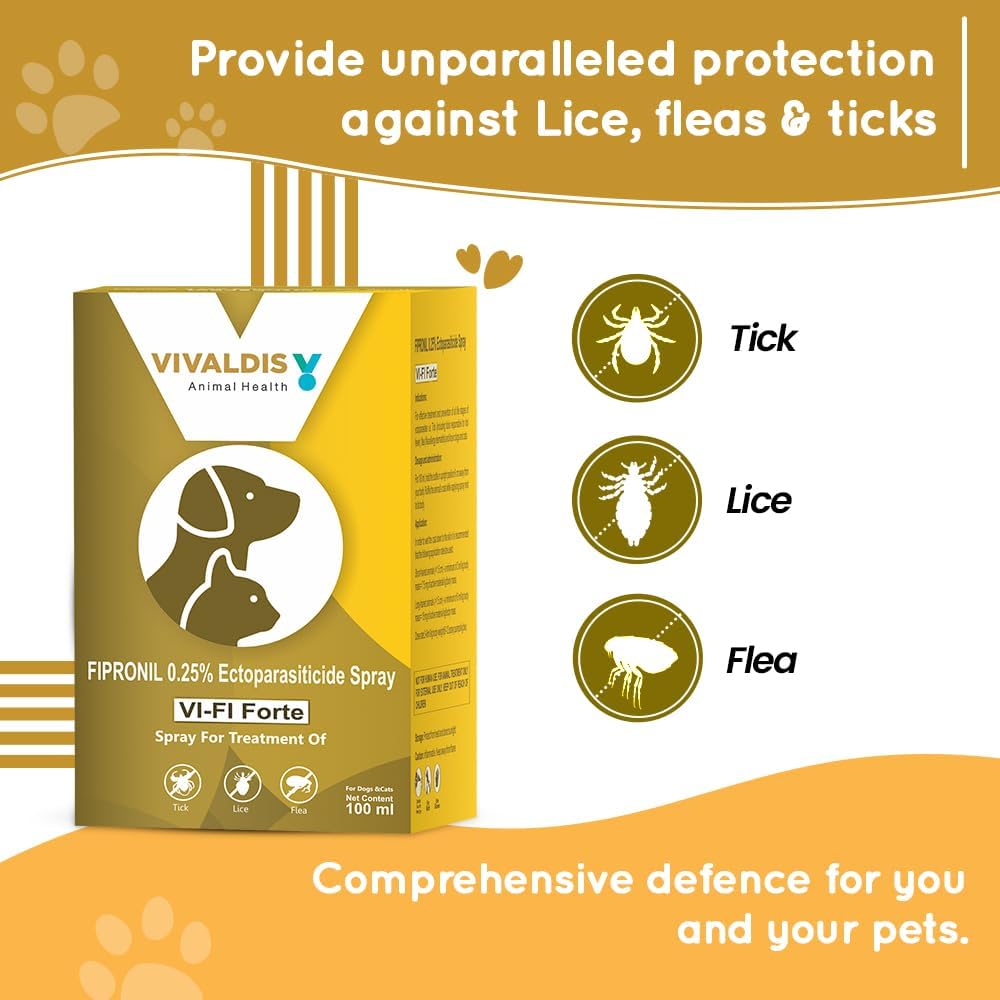 Vivaldis Vi-Fi Forte Tick & Flea Spray for Dogs & Cats | Fast-Acting, Long-Lasting Fipronil Formula | Ticks & Fleas Remover for Dogs Treats Acute Infestations 100ml