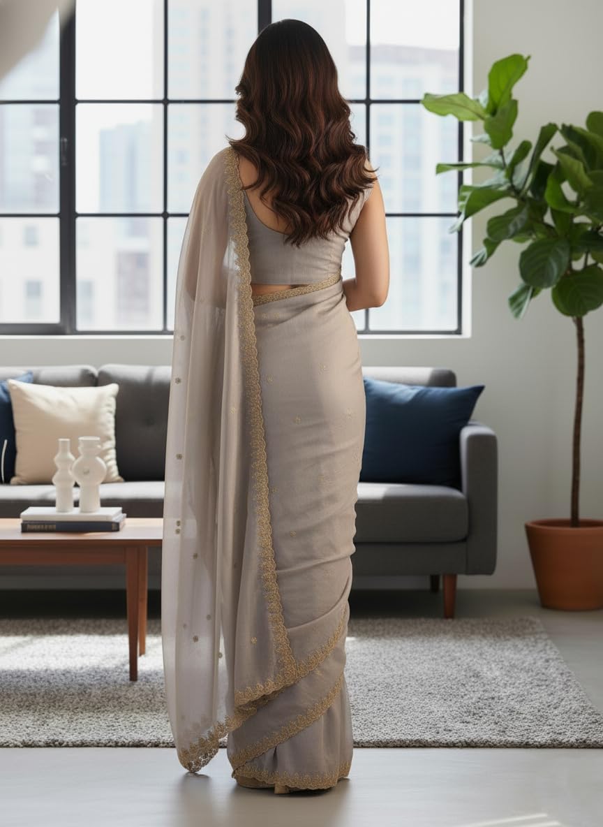 Priyashi Women's Grey Organza Satin Saree with Blouse Piece for Traditional Ethinic Wear Sari-(AZ-PY-OG2-RISHIKA GREY)