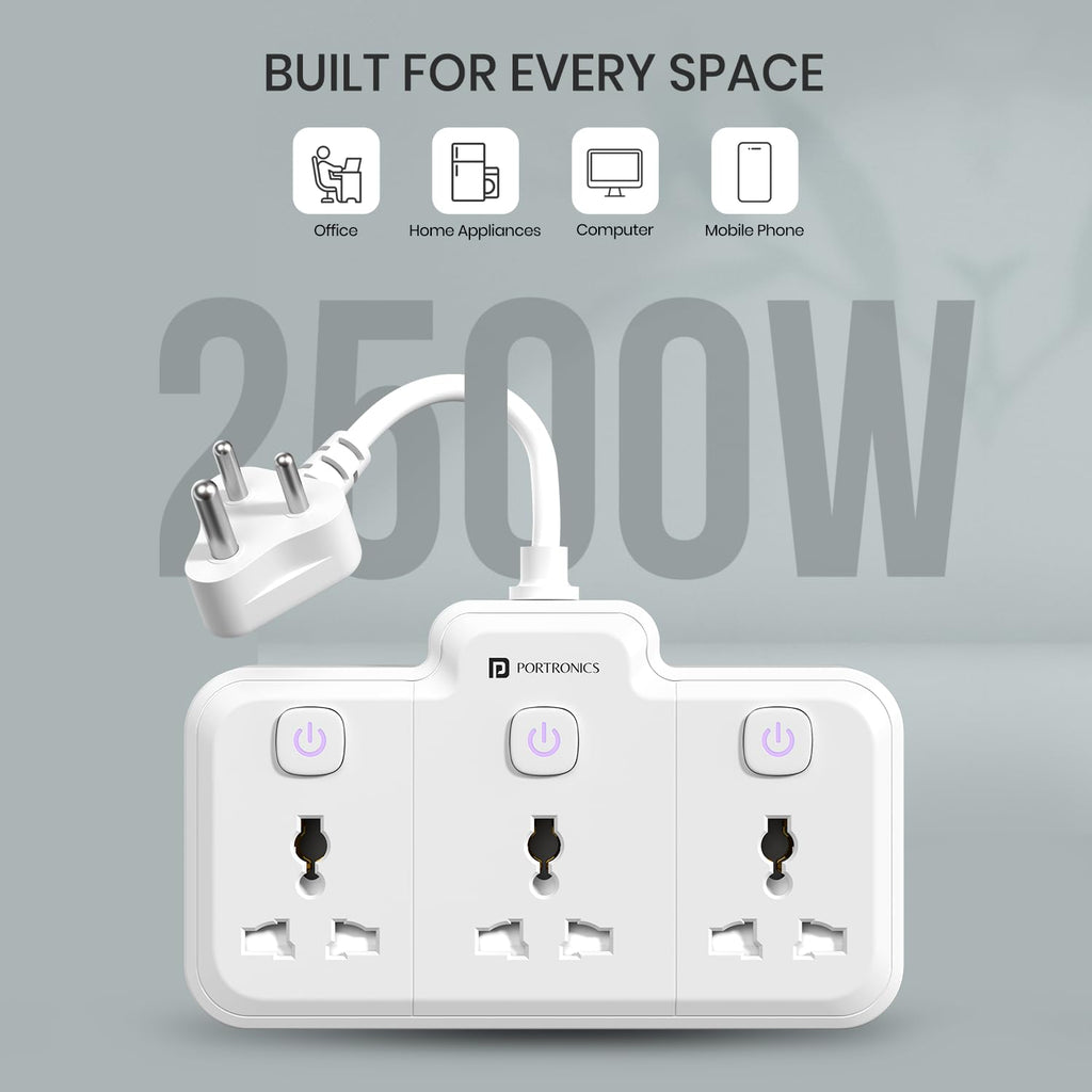 Portronics 2500W Power Plate Nano 3-in-1 Power Extender with 3 Universal Sockets, Individual Switches, 180° Flexible Cord, Child Safety Shutters, for Home, Office, Laptops, Mobiles & Appliances