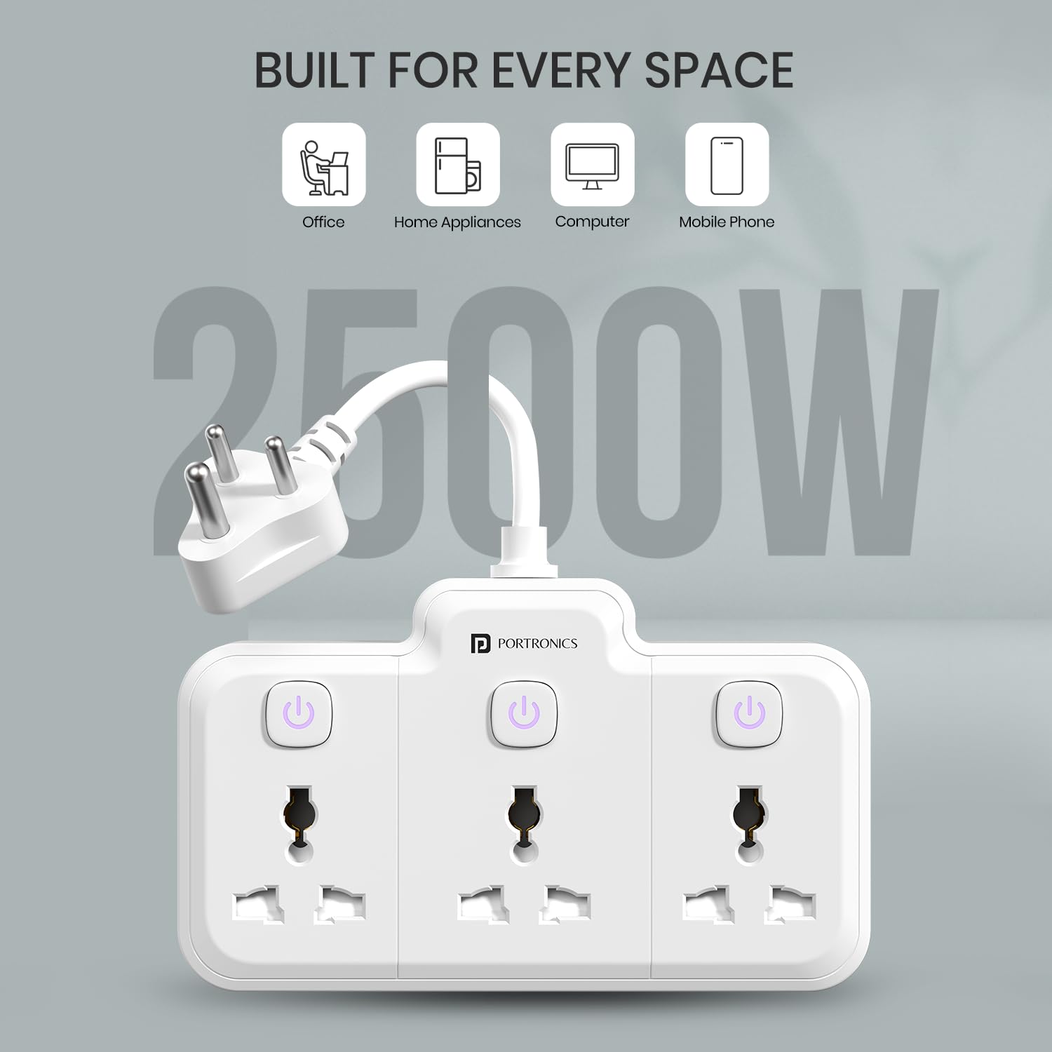 Portronics 2500W Power Plate Nano 3-in-1 Power Extender with 3 Universal Sockets, Individual Switches, 180° Flexible Cord, Child Safety Shutters, for Home, Office, Laptops, Mobiles & Appliances