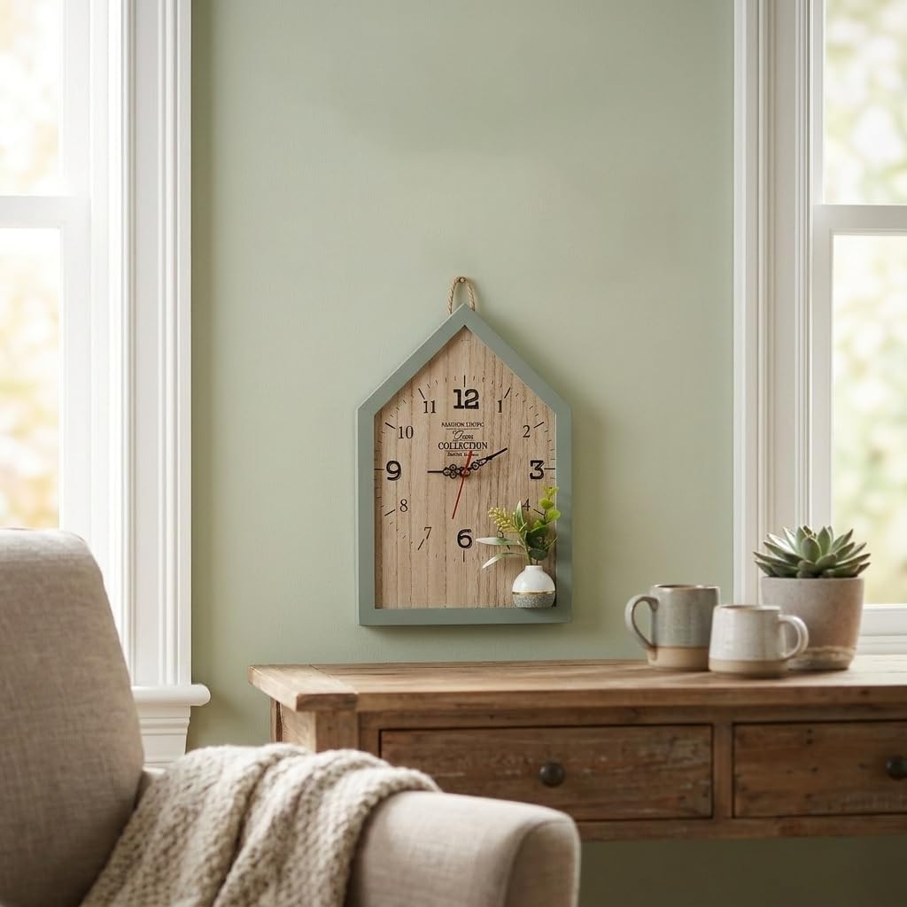 CraftVatika Wooden House Shape Wall Clock for Home Decoration | Decorative Analog Wall Clock with Mini Flower Vase | Modern Wooden Clock for Living Room Bedroom Office Interior