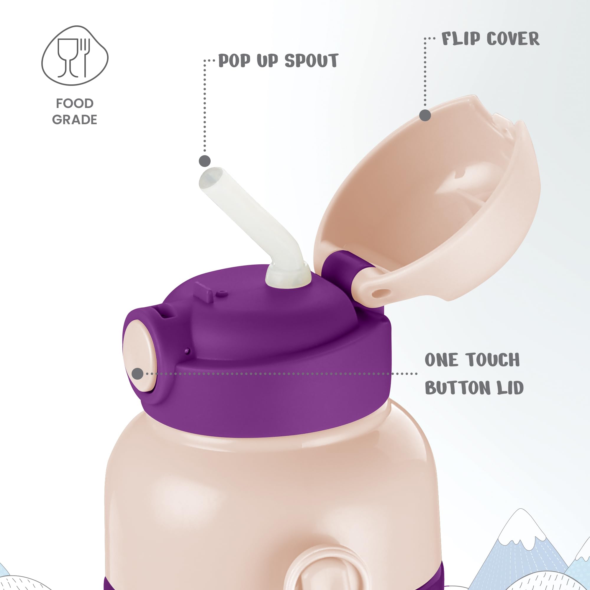 Milton Steel Indus 400 Thermoware PU Insulated, 390 ml Water Bottle with Straw for Kids, Leak Proof Flip Top Sipper Lid Bottle, School, Picnic, Easy to Carry Belt, Purple