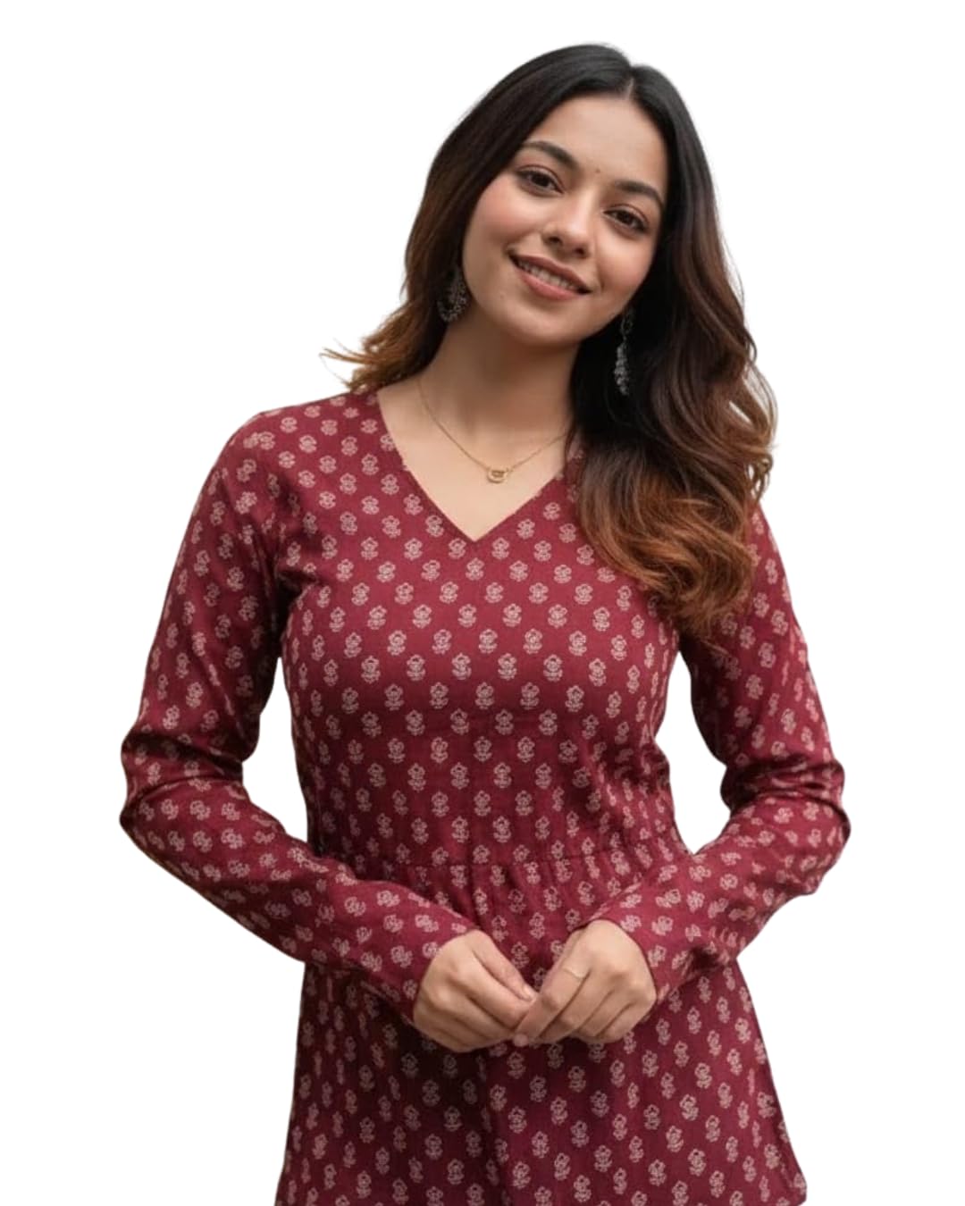 ANANT STORE Women's Rayon Floral Printed Full Sleeves V-Neck Short Kurti, Bell Sleeves, Short Kurti for Woman, Stylish Ethnic Top, Daily Casual Western & Office wear (in, Alpha, M, Maroon)