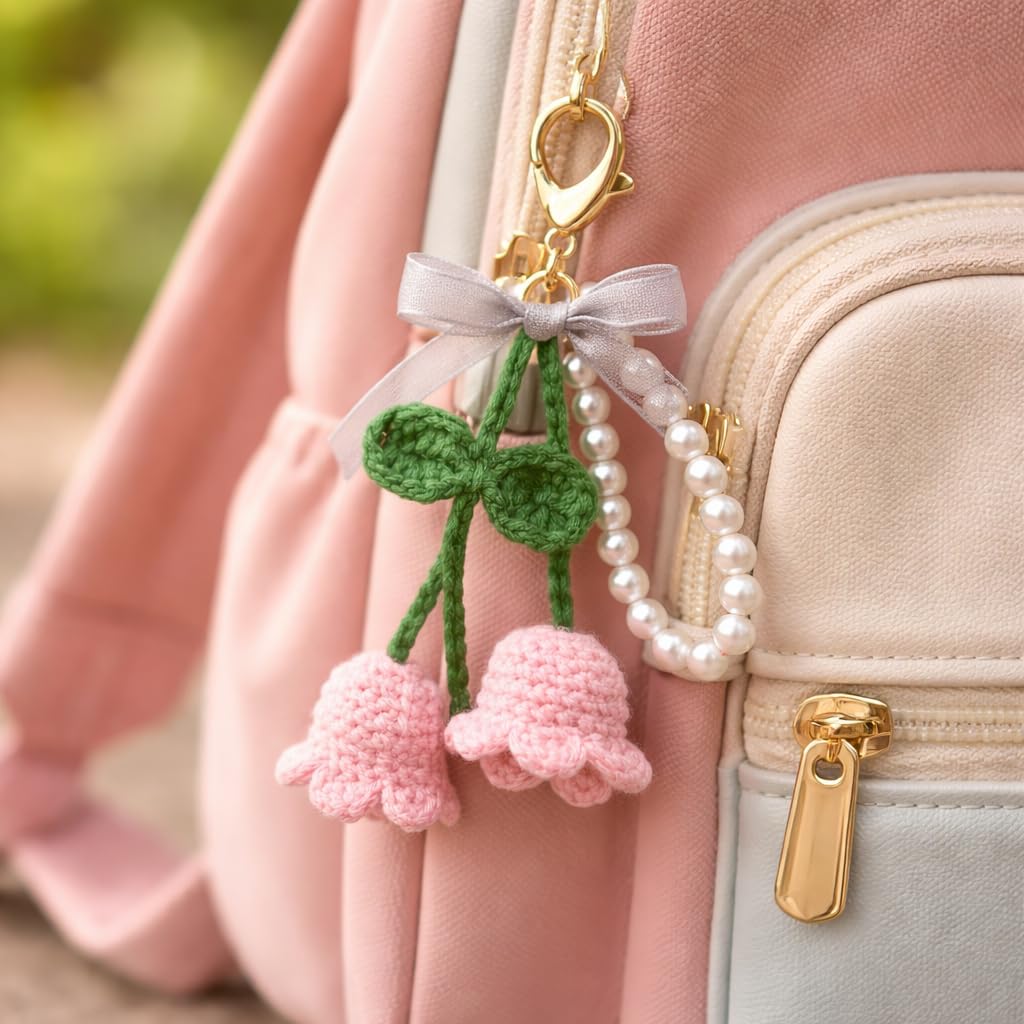 Handmade Crochet Cherry Keychain with Pearl Loop & Gold Clasp | Cute Pink Yarn Bag Charm for Girls & Women | Aesthetic Bike Key & School Bag Accessory