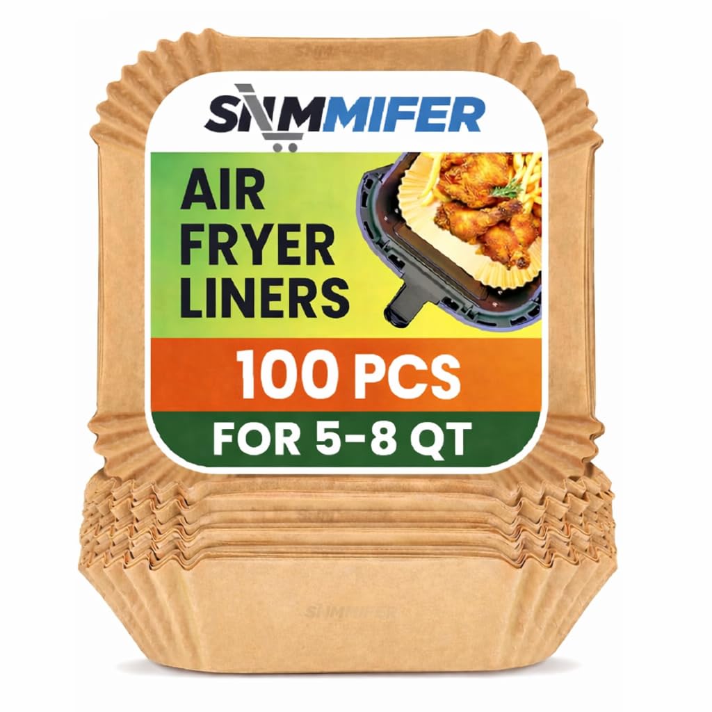 SNMMIFER Air Fryer Liners Disposable, 8 Inch Square, Unbleached Parchment Paper, Non-Stick Waterproof, for 5-8 QT Air Fryer Basket, 100 Pieces