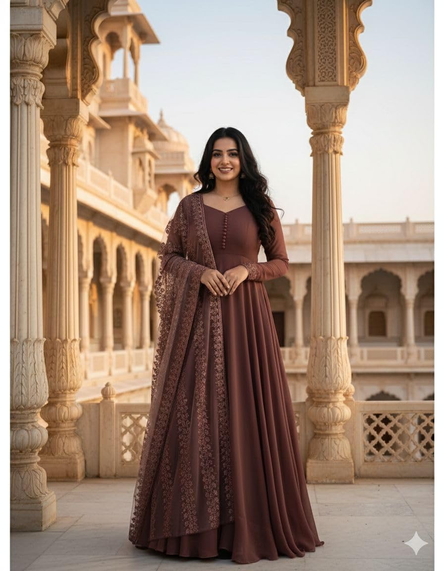 Women Suit Anarkali Set with Dupatta | Long Sleeve Embellished for Wedding Festive | Ethnic Anarkali Women Suit (IN, Alpha, 3XL, Regular, Standard, Brown)