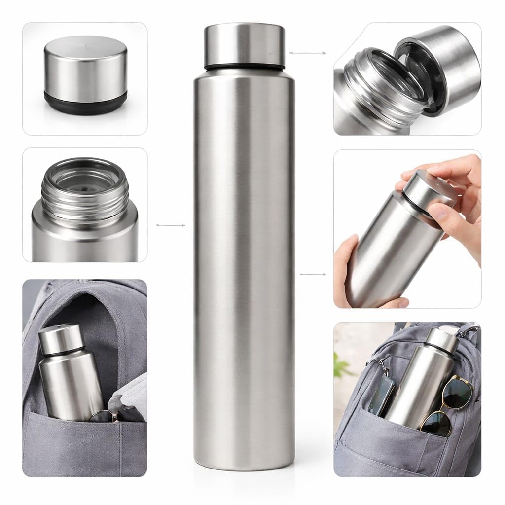 Shopsidex® bottle Stainless Steel Water Bottle, 1000 ml, Silver, Leak-Proof, Modern Design Stainless Steel Water Bottle,school/college/office/home/kitchen/gym/travelling (Pack 6)