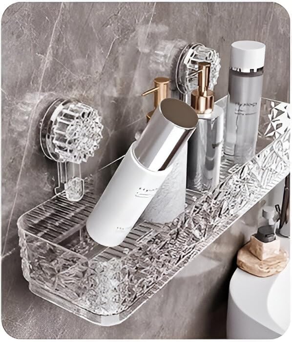ZOCKRIX Wall Mounted Bathroom Storage Rack with Suction Cups – Double Shelf with Hooks – Transparent & Patterned Front Design (2)
