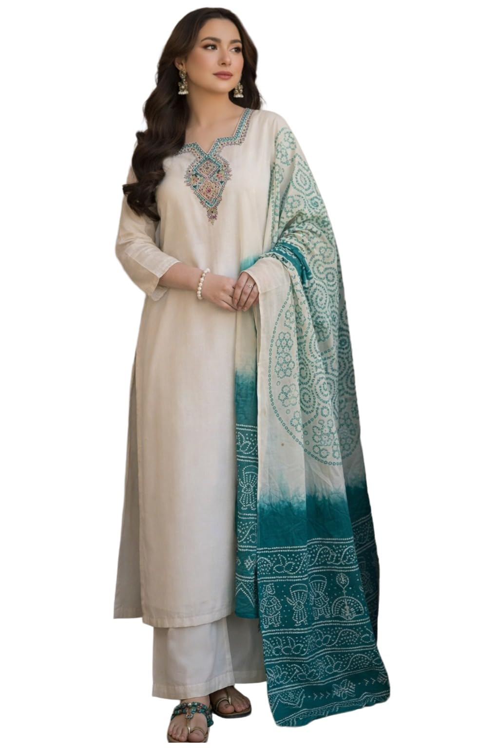ANNI Designer Women's Viscose Blend Embroidery Straight Kurta with Palazzo & Dupatta (YUGITHA White_L_White_Large)