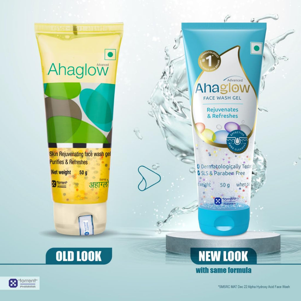 Ahaglow Advanced Face Wash Gel 50g with AHA(1% Glycolic Acid) Glow Bombs| Jojoba & Tea Tree Oil | Allantoin, Vitamin E & Oak bark Extract | No.1 Dermatologist Prescribed AHA Brand - By Torrent Pharma