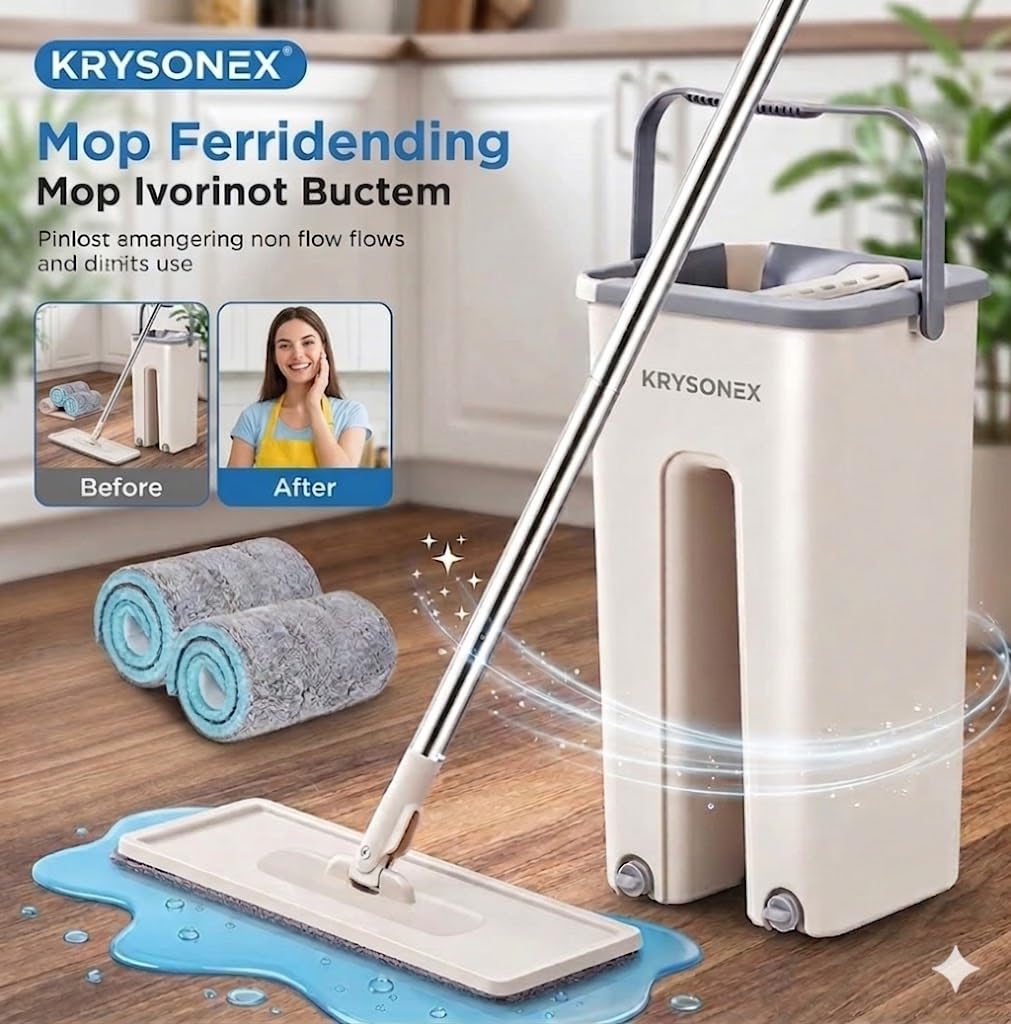 Krysonex - Flat Mop with Bucket for Home Floor Cleaning | Wash & Dry System | Easy Water Control | Home Kitchen Bathroom Cleaning Tool