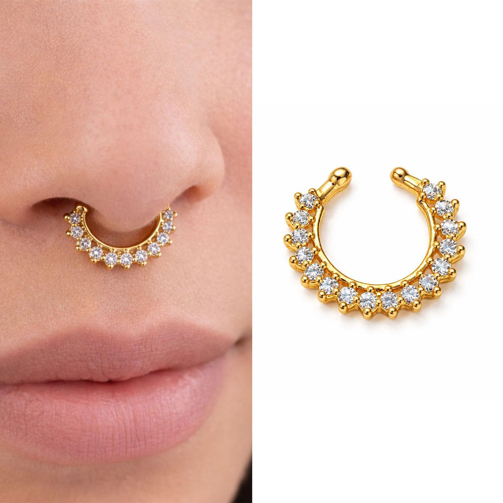 VAMA FASHIONS 18K Gold Plated Anti Tarnish AD Stone Without Piercing Clip On Middle Septum Nose Ring Horsehole Shape Nosepin Lightweight Fake Hoop Nosering for Women & Girls (Without Piercing Nosering)