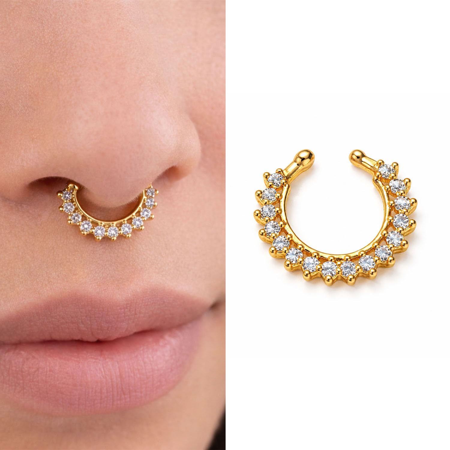 VAMA FASHIONS 18K Gold Plated Anti Tarnish AD Stone Without Piercing Clip On Middle Septum Nose Ring Horsehole Shape Nosepin Lightweight Fake Hoop Nosering for Women & Girls (Without Piercing Nosering)