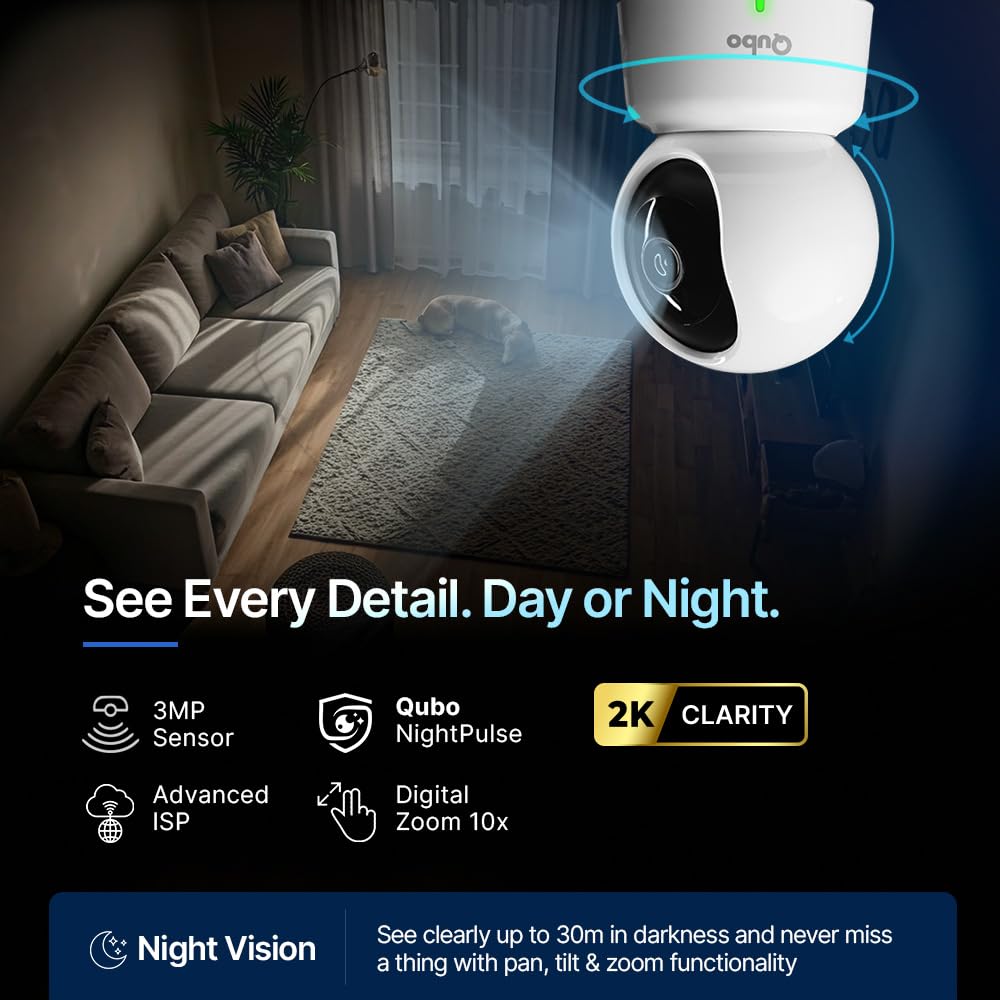 Qubo Smart 360° 3MP [2K] Wi-Fi Security Camera [2026 Edition] by Hero Group | Indoor CCTV Cam for Home | STQC Certified | AI Person Detection | Color Night Vision | SD&Cloud Storage (Pack of 2)