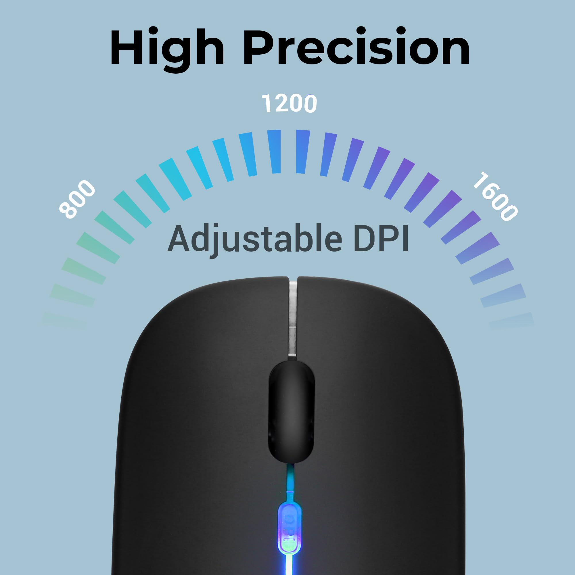 ZEBRONICS Blanc Slim Wireless Mouse with Rechargeable Battery, BT + 2.4GHz, 4 Buttons, 800/1200/1600 DPI, Silent Operation, Multicolor LED Lights