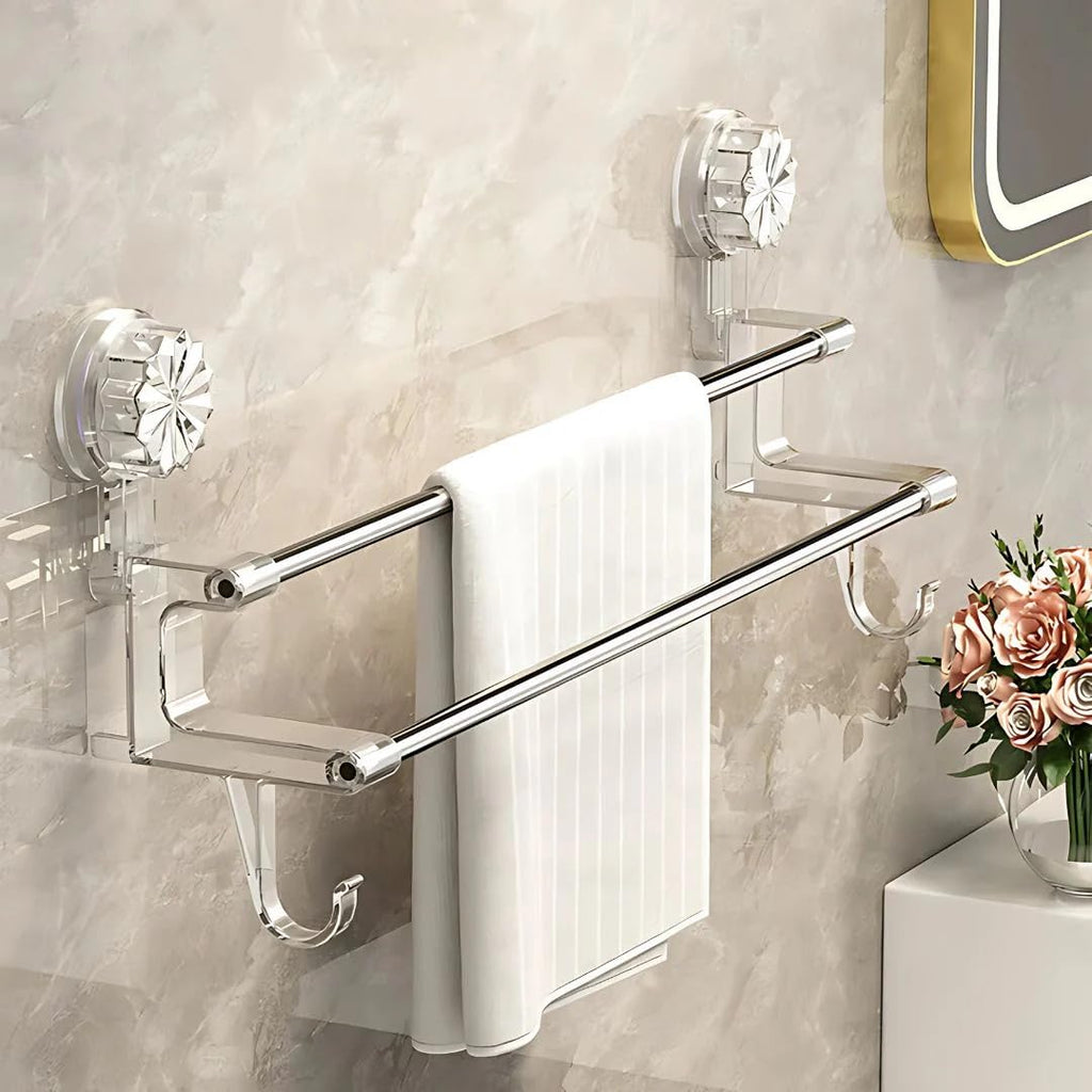 REWOP No-Drill Towel Rack for Bathroom, Towel Holder in Bathroom, Wall Mounted Bathroom Towel Rack – Suction Cup Double Rod Wall Shelf for Towels & Clothes (23 Inch)