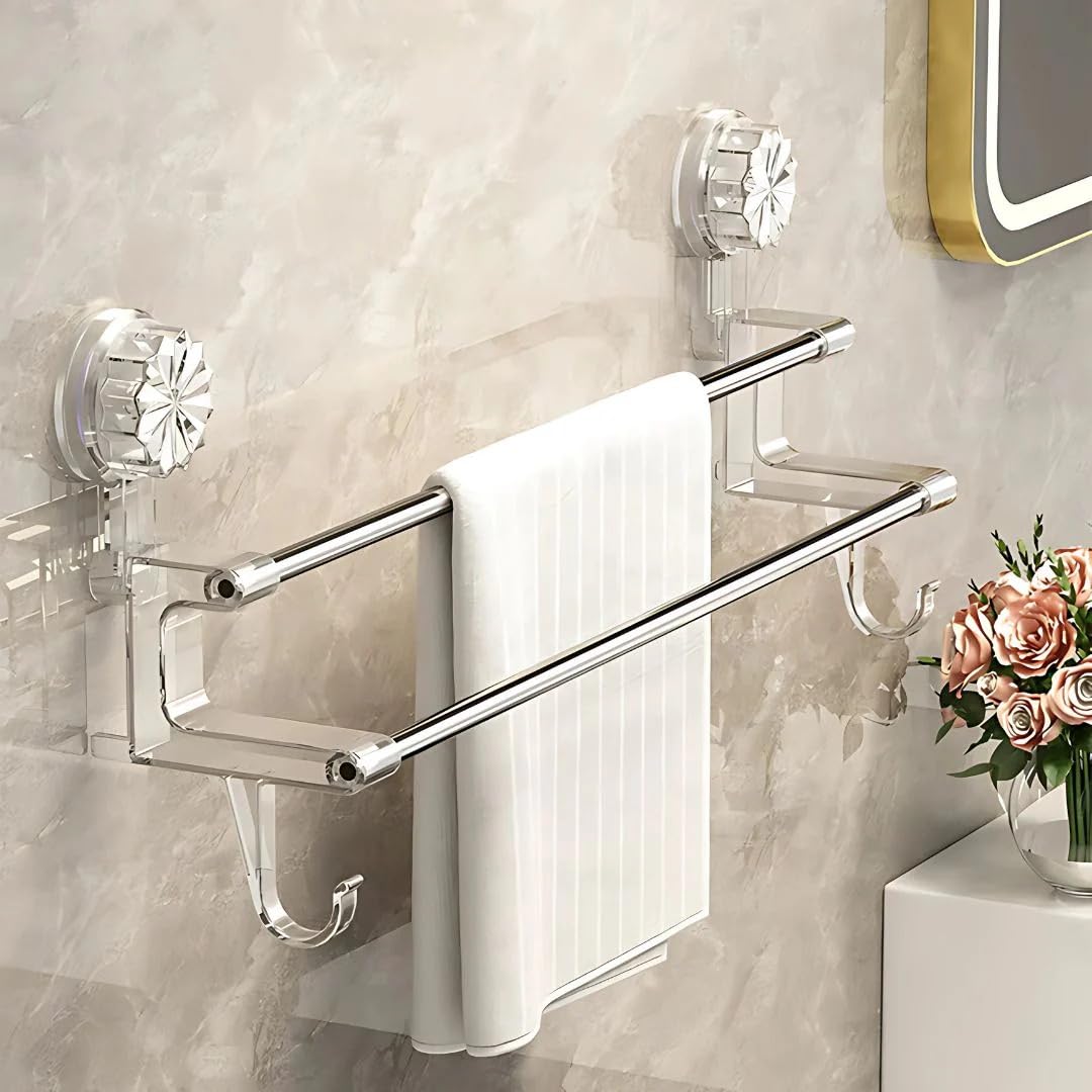 REWOP No-Drill Towel Rack for Bathroom, Towel Holder in Bathroom, Wall Mounted Bathroom Towel Rack – Suction Cup Double Rod Wall Shelf for Towels & Clothes (23 Inch)