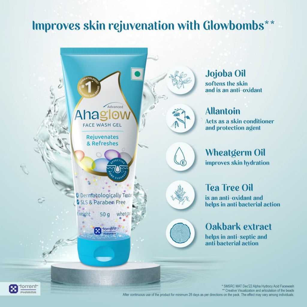 Ahaglow Advanced Face Wash Gel 50g with AHA(1% Glycolic Acid) Glow Bombs| Jojoba & Tea Tree Oil | Allantoin, Vitamin E & Oak bark Extract | No.1 Dermatologist Prescribed AHA Brand - By Torrent Pharma