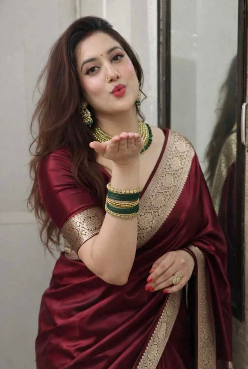 Rabbaitul Bait Banarasi Satin Kanjivaram Saree Wine Silver Zari Pure Soft Blend Silk Sari Satin Women Kanchipuram Paithani Silk Party Wedding New Ladies Wine Color Sadi with Blouse Piece (Maroon)