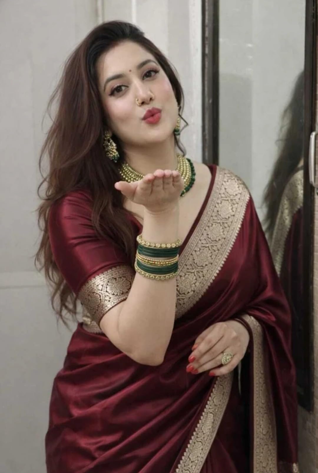 Rabbaitul Bait Banarasi Satin Kanjivaram Saree Wine Silver Zari Pure Soft Blend Silk Sari Satin Women Kanchipuram Paithani Silk Party Wedding New Ladies Wine Color Sadi with Blouse Piece (Maroon)