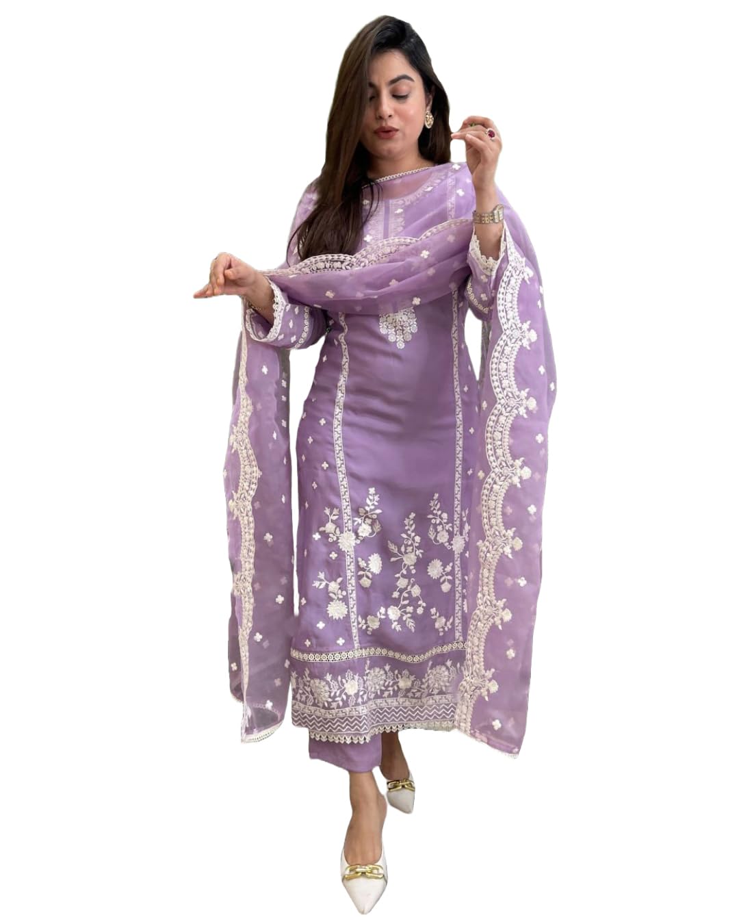 GoSriKi Women's Rayon Blend Straight Embroidered Kurta with Pant & Dupatta (Rosewood Purple-GS_M_Purple_Medium)