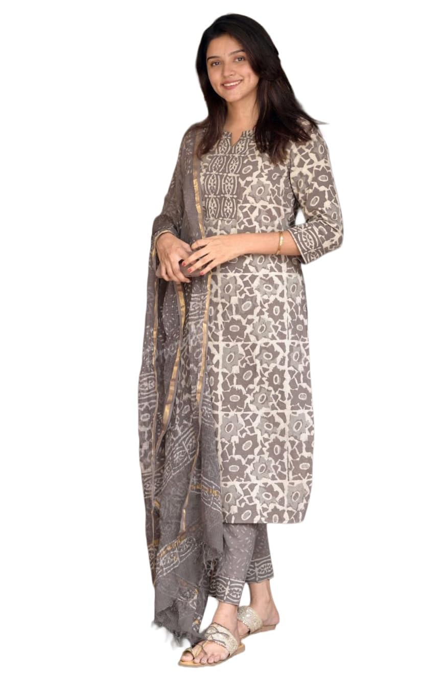 KLOSIA Women's Printed Straight Kurta and Pant with Dupatta Set (in, Alpha, XL, Grey)