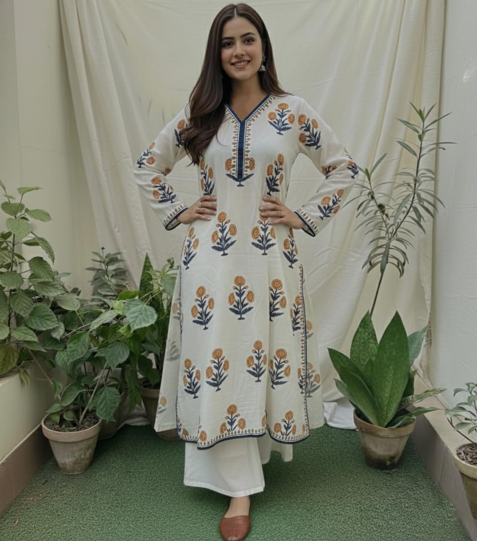 ANNI Designer Women's Viscose Blend Straight Printed Kurta with Palazzo (Nawal White_M_White_Medium)