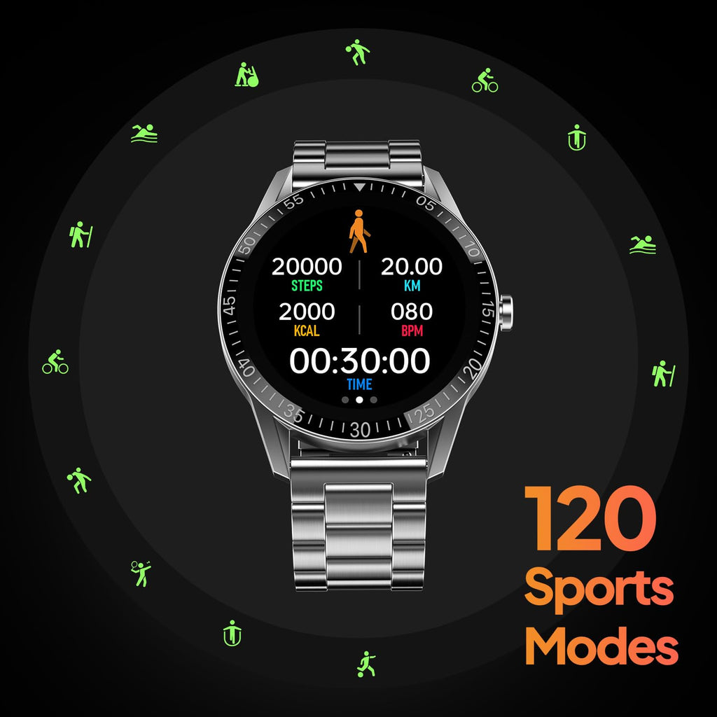 Fire-Boltt Talk Round Smart Watch 1.39″ TFT Display with Bluetooth Calling, Dual Button, Voice Assistance, SPO₂ & Heart Rate Monitor, 120+ Sports Modes, Metal Smartwatch for Men & Women - Silver