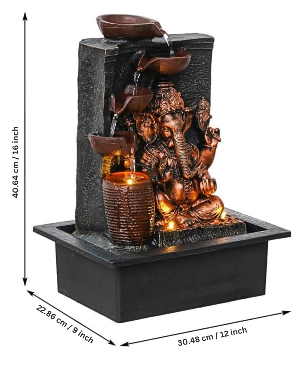 UAG Exports Tabletop Indoor Water Fountain/Waterfall 4-Diya Ganesha Fountain with LED Light & Water Flow Controller Pump for Home Decor, Office, Bedroom, Gifting (Size: 40x30x22CM | Weight: 2075grm)