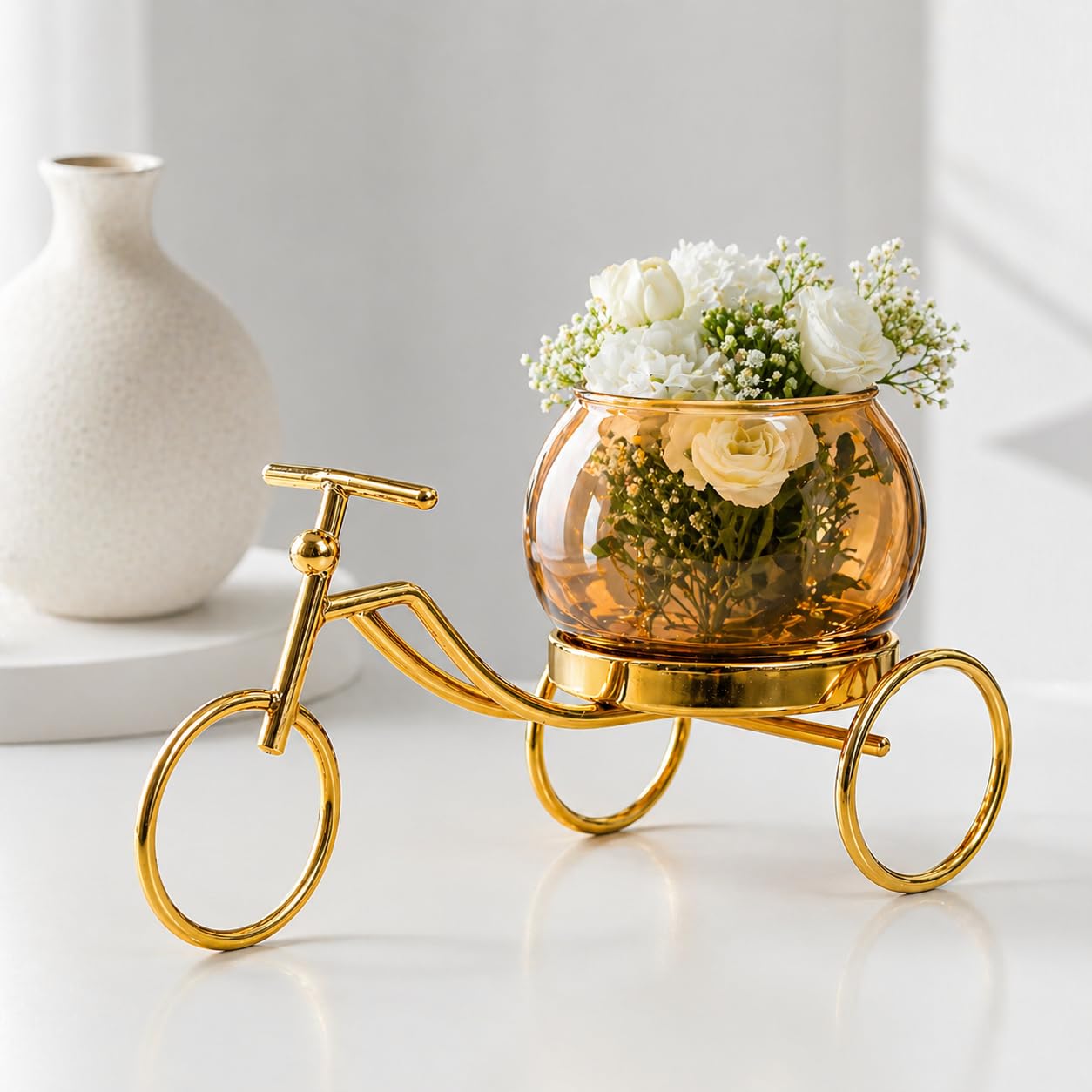 CentraLit Decorative Metal Tricycle Candle Holder with Glass Bowl | Gold Tea Light Holder Stand, Vase for Home Decor, Decorative Plant Pot for Living Room, Aesthetic Home Decor Item & Return Gift
