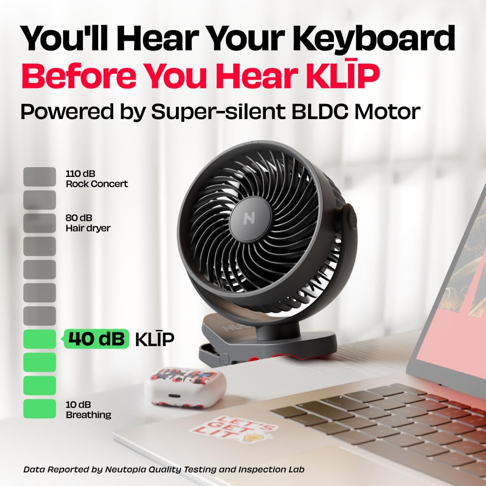 NUUK KLĪP Rechargeable Clip Fan | 3000mAh Battery | Up to 8 hrs Runtime | Super - silent BLDC Motor | 4 Speed Modes | 360° Manual Head Rotation | Strong 0–55mm Clamp | Type-C Charging