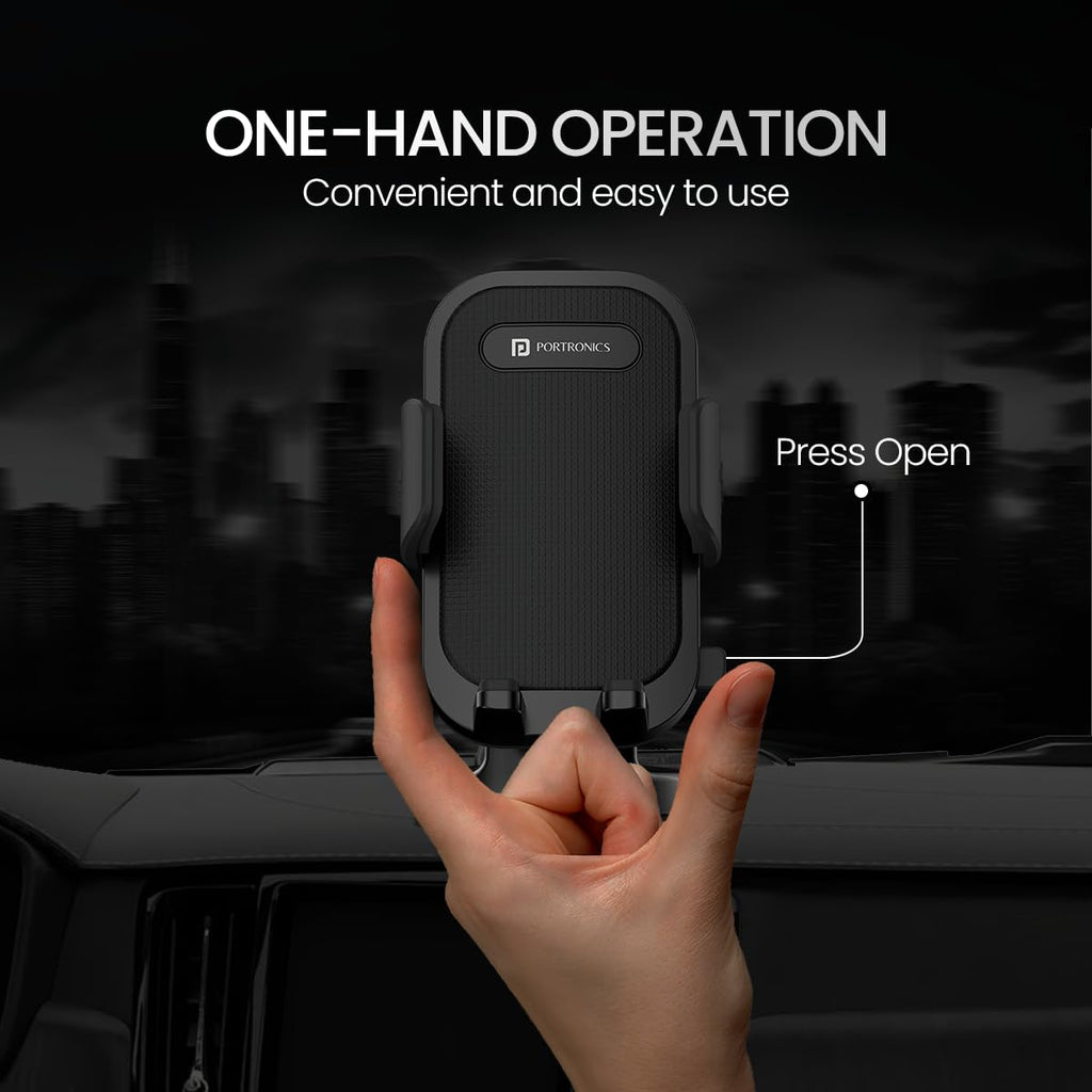 Portronics Clamp M4 Car Phone Holder Stand with 360 Degree Rotation, Strong Grip, Suction Cup Mount, Single Hand Use, Shockproof Build, Mobile Stand for Car (Black)