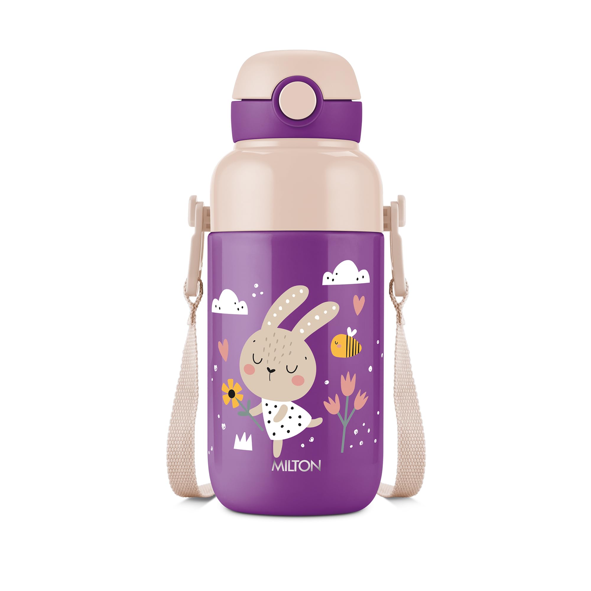 Milton Steel Indus 400 Thermoware PU Insulated, 390 ml Water Bottle with Straw for Kids, Leak Proof Flip Top Sipper Lid Bottle, School, Picnic, Easy to Carry Belt, Purple