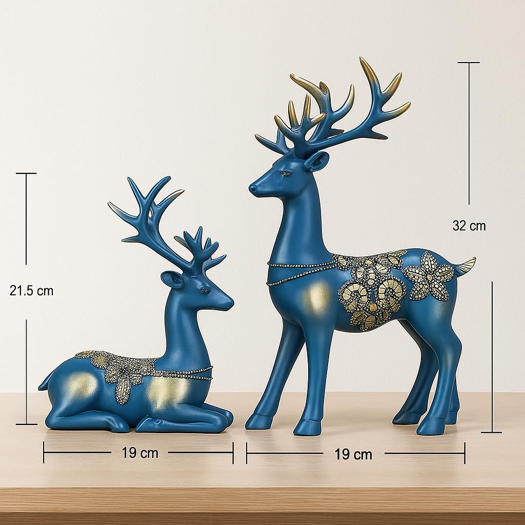 Xtore Creative Resin Golden Reindeer Sculptures | Beautiful Home Decor | Lifts up Energy of Your Room - (Pack of 2, Blue)
