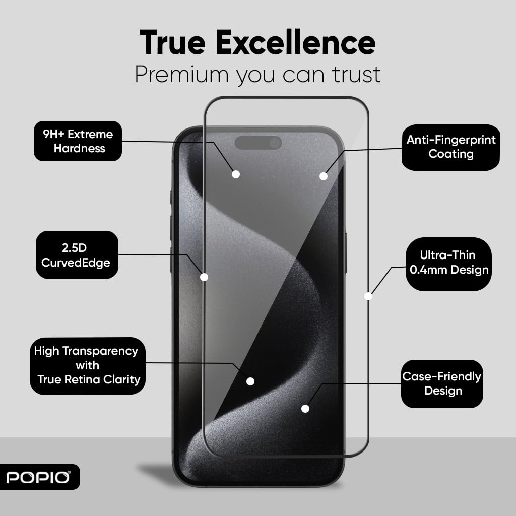 POPIO Military-Grade Gorilla Tempered Glass For iPhone 15 / iPhone 16 | 9H Hardness, Edge-to-Edge, Bubble-Free