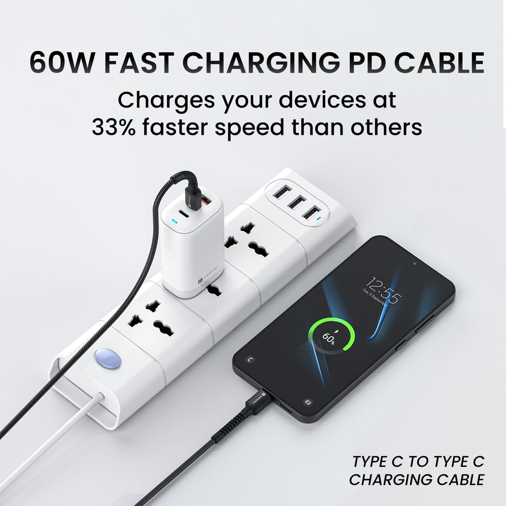 Portronics Konnect X 60W Unbreakable Nylon Braided Cable, 2M Fast Charging Cable For iPhone 15 Series, iPad, Samsung Galaxy (Black)