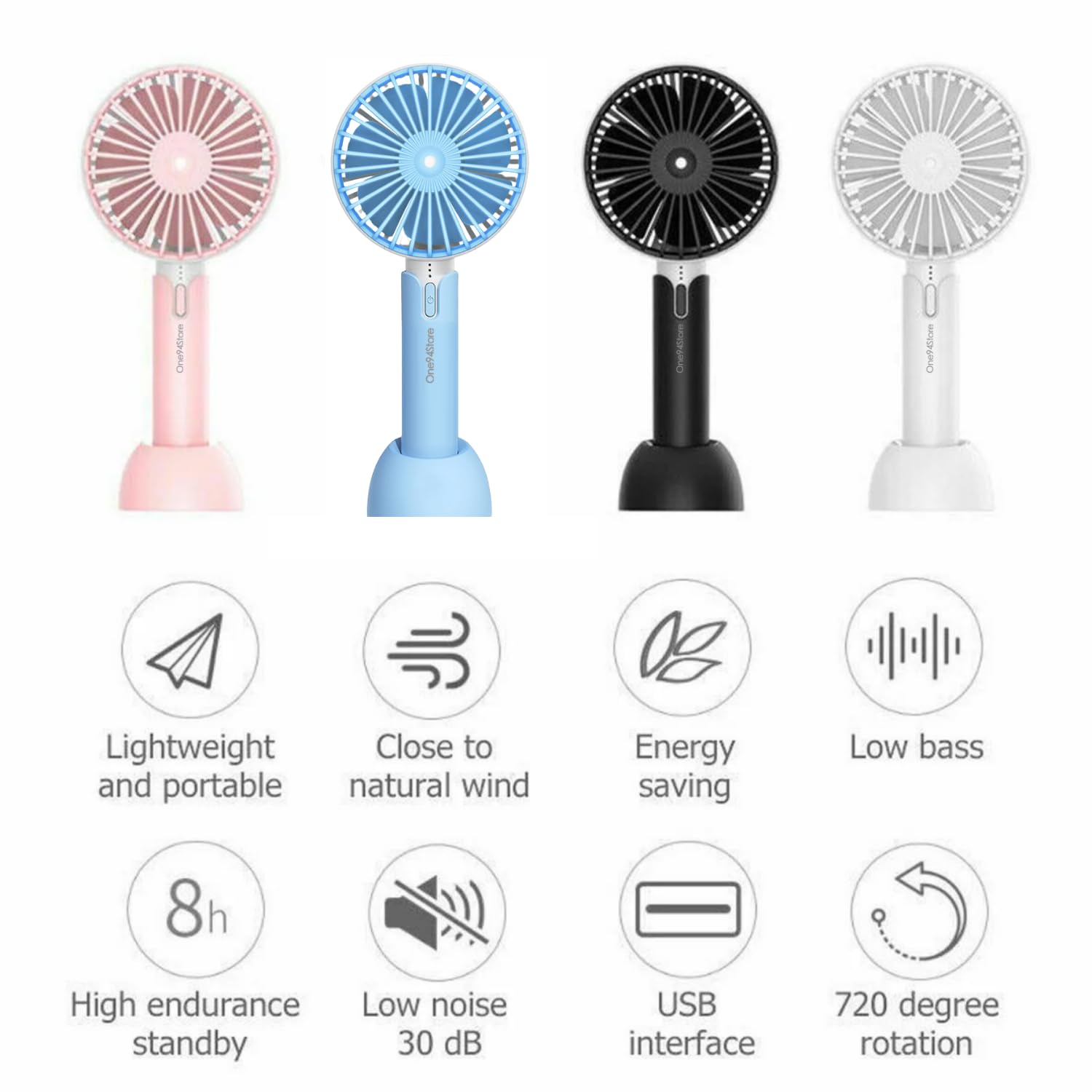 One94Store High Speed Portable USB Hand Fan, 4800 RPM, 1200mAh Rechargeable Battery, Up to 6H Runtime, 3 Speed Modes for Travel, Office & Makeup, Pink – Mini Fan, Hand Fan, Small Fan, USB Fan
