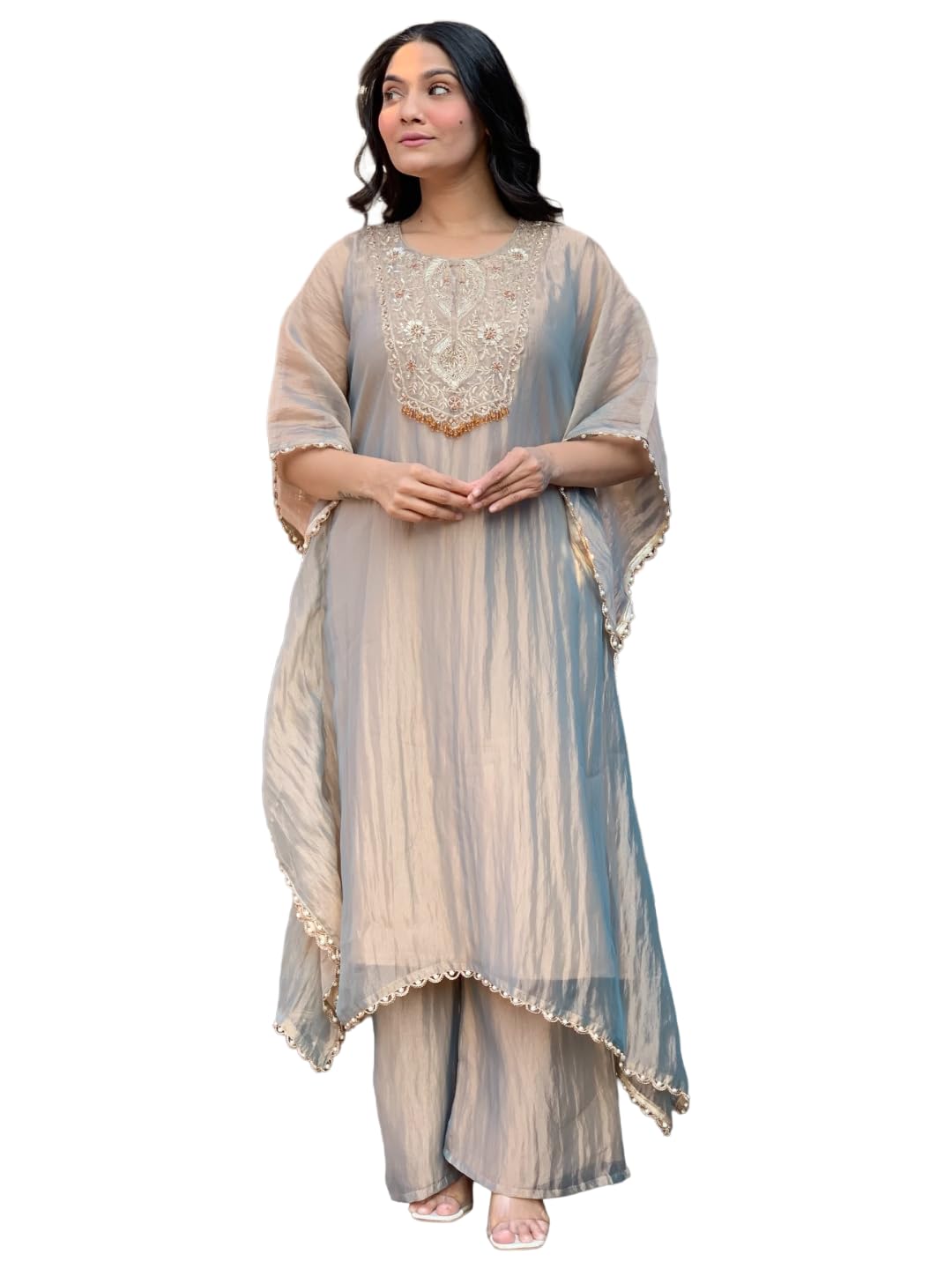 GoSriKi Women's Roman Glass A-Line Embroidery Kurta with Palazzo (Davina Grey-GS_L_Grey_Large)