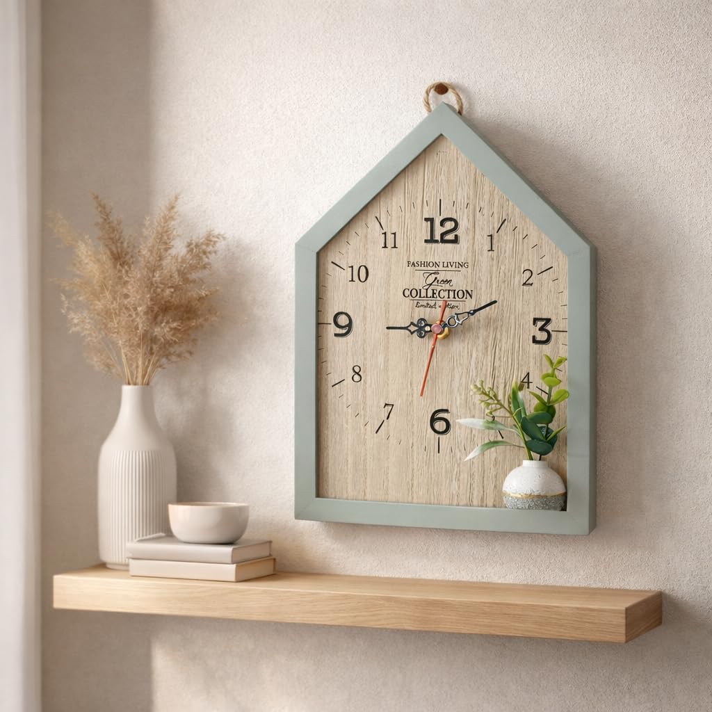 CraftVatika Wooden House Shape Wall Clock for Home Decoration | Decorative Analog Wall Clock with Mini Flower Vase | Modern Wooden Clock for Living Room Bedroom Office Interior