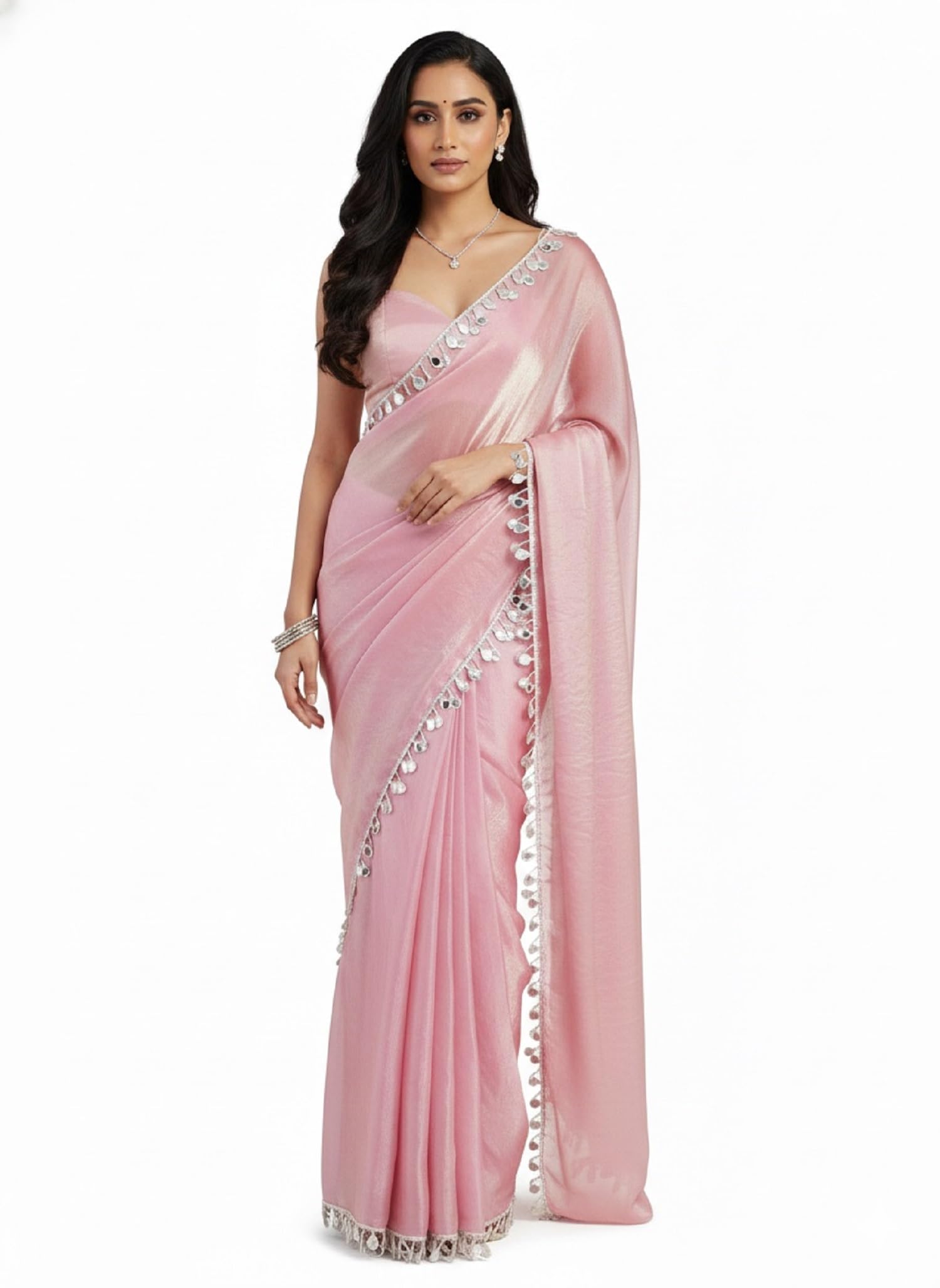 SATAZ Women's Ready to Wear Rose Pink Satin Tissue Silk Saree With Mirror Lace And Unstitched Blouse