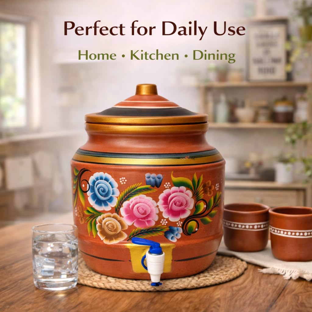 Hand-Painted Clay Water Pot with Tap | Earthen Matka Water Dispenser | Natural Cooling Terracotta Storage Pot | Traditional Mitti Matka for Home & Kitchen (Design 12)