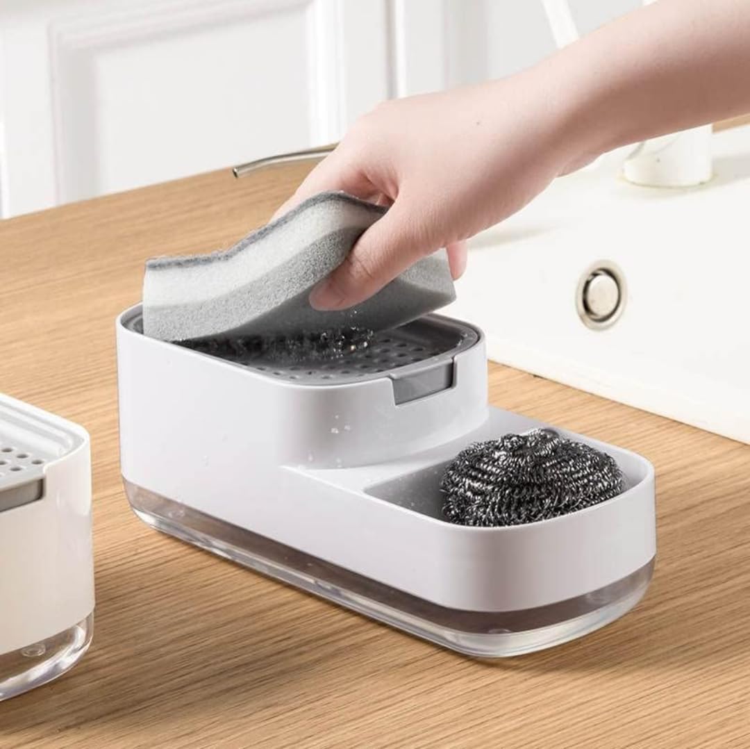 SR Soap Dispenser for Kitchen with Sponge Holder 400ml, Hollow Design, Durable & Smooth Body, Rust Proof, 3 in 1 Liquid Soap Dispenser, Sink Dish Washing Soap Dispenser Set