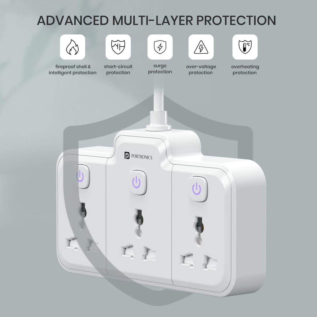 Portronics 2500W Power Plate Nano 3-in-1 Power Extender with 3 Universal Sockets, Individual Switches, 180° Flexible Cord, Child Safety Shutters, for Home, Office, Laptops, Mobiles & Appliances