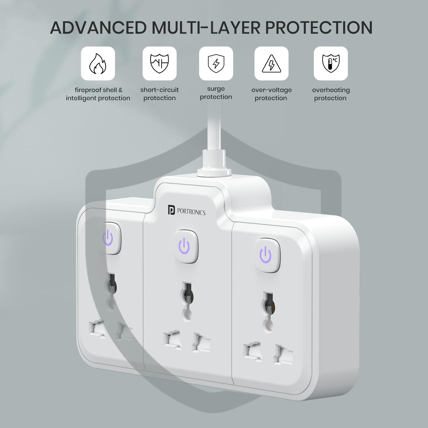 Portronics 2500W Power Plate Nano 3-in-1 Power Extender with 3 Universal Sockets, Individual Switches, 180° Flexible Cord, Child Safety Shutters, for Home, Office, Laptops, Mobiles & Appliances